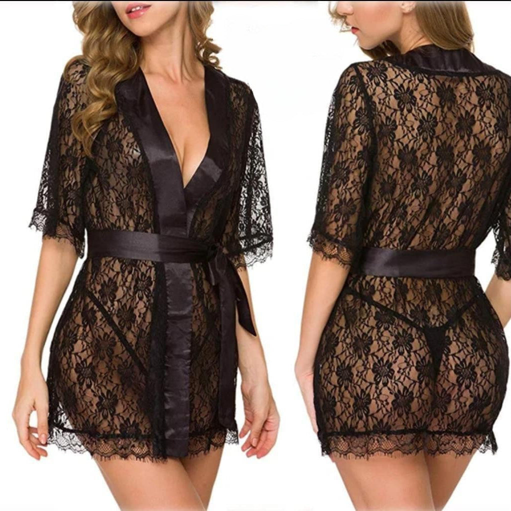 Elegant Black Lace Nightgown- Lightweight and Breathable- Free Size.