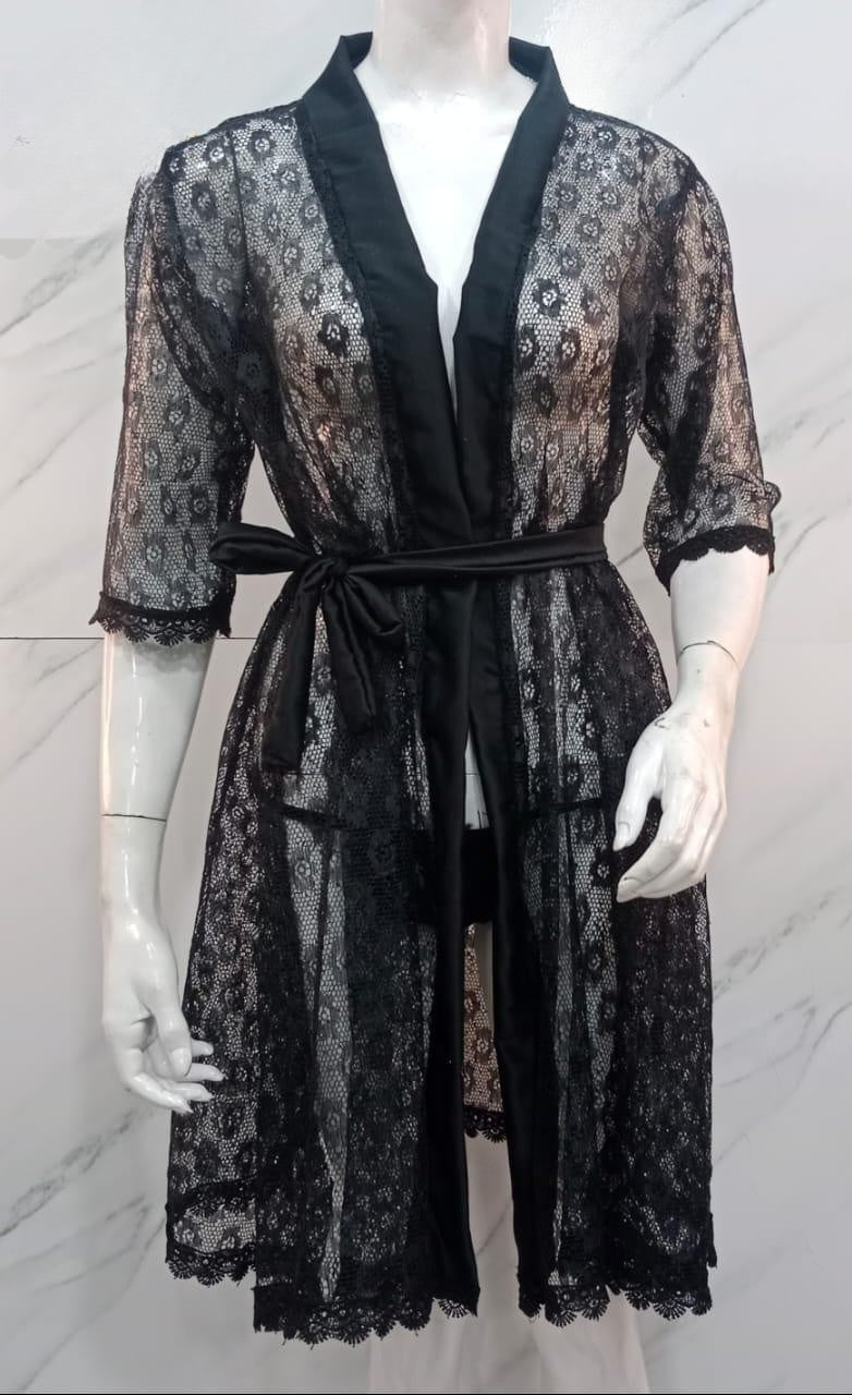 Elegant Black Lace Nightgown- Lightweight and Breathable- Free Size.