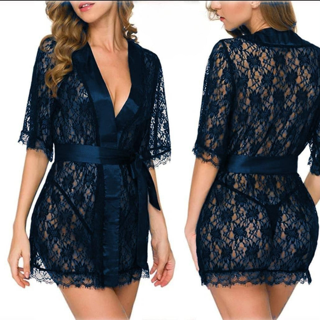 Royal Blue Lace Work Silk Gown Set.